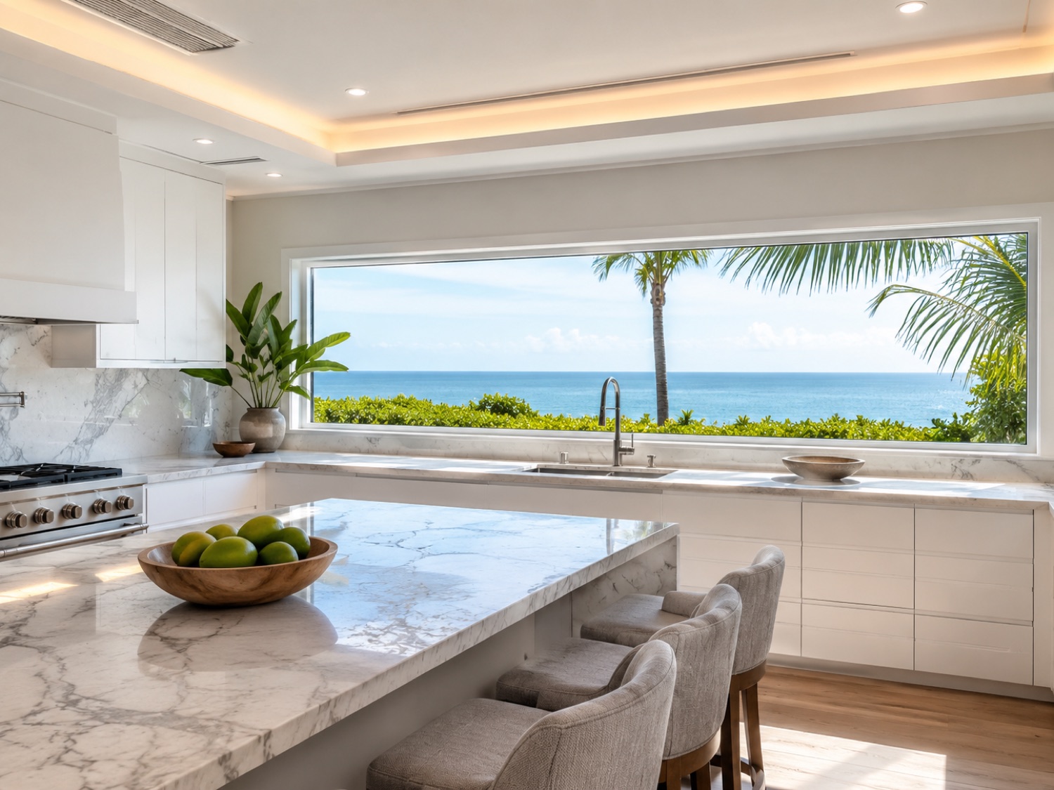 Beach house kitchen with ocean-view impact window