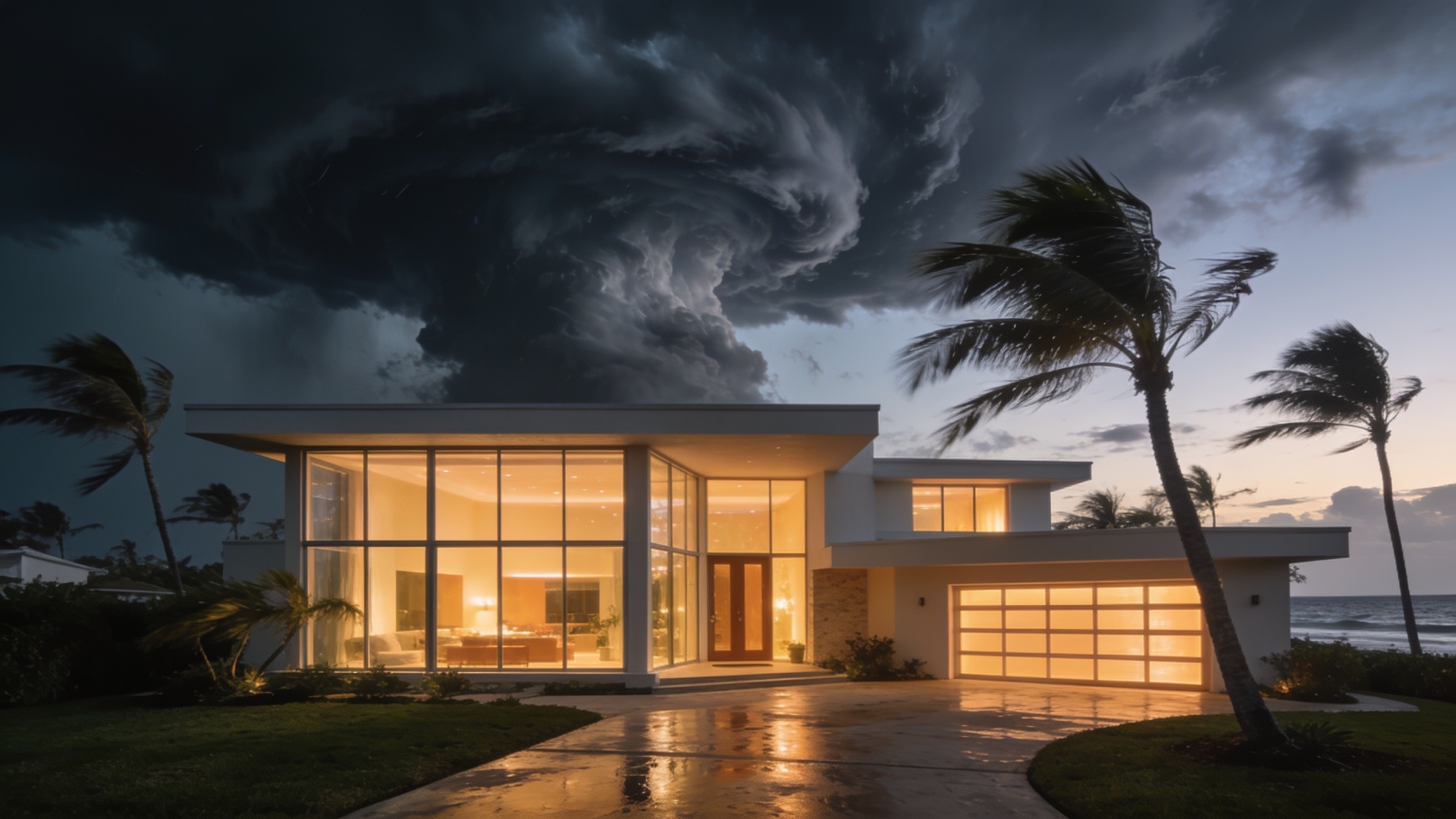 Modern Florida home with impact windows glowing under a gathering storm