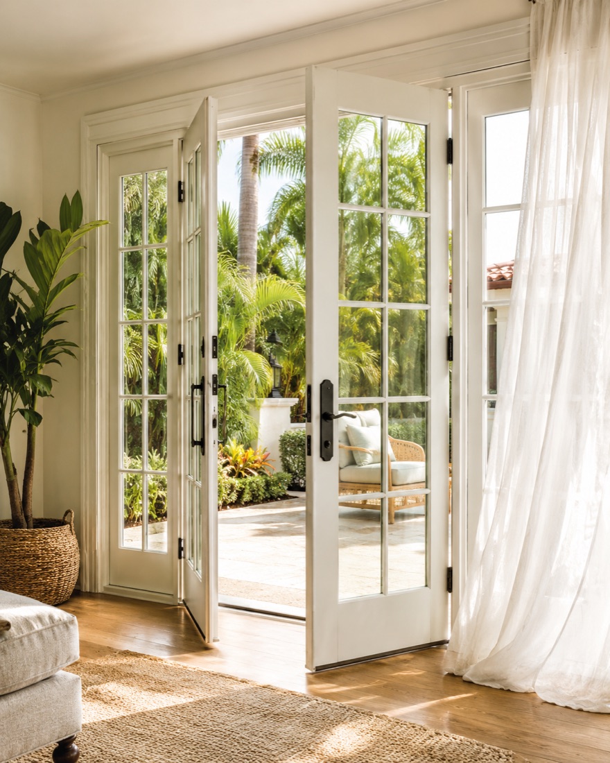 White French doors with impact glass opening to a patio