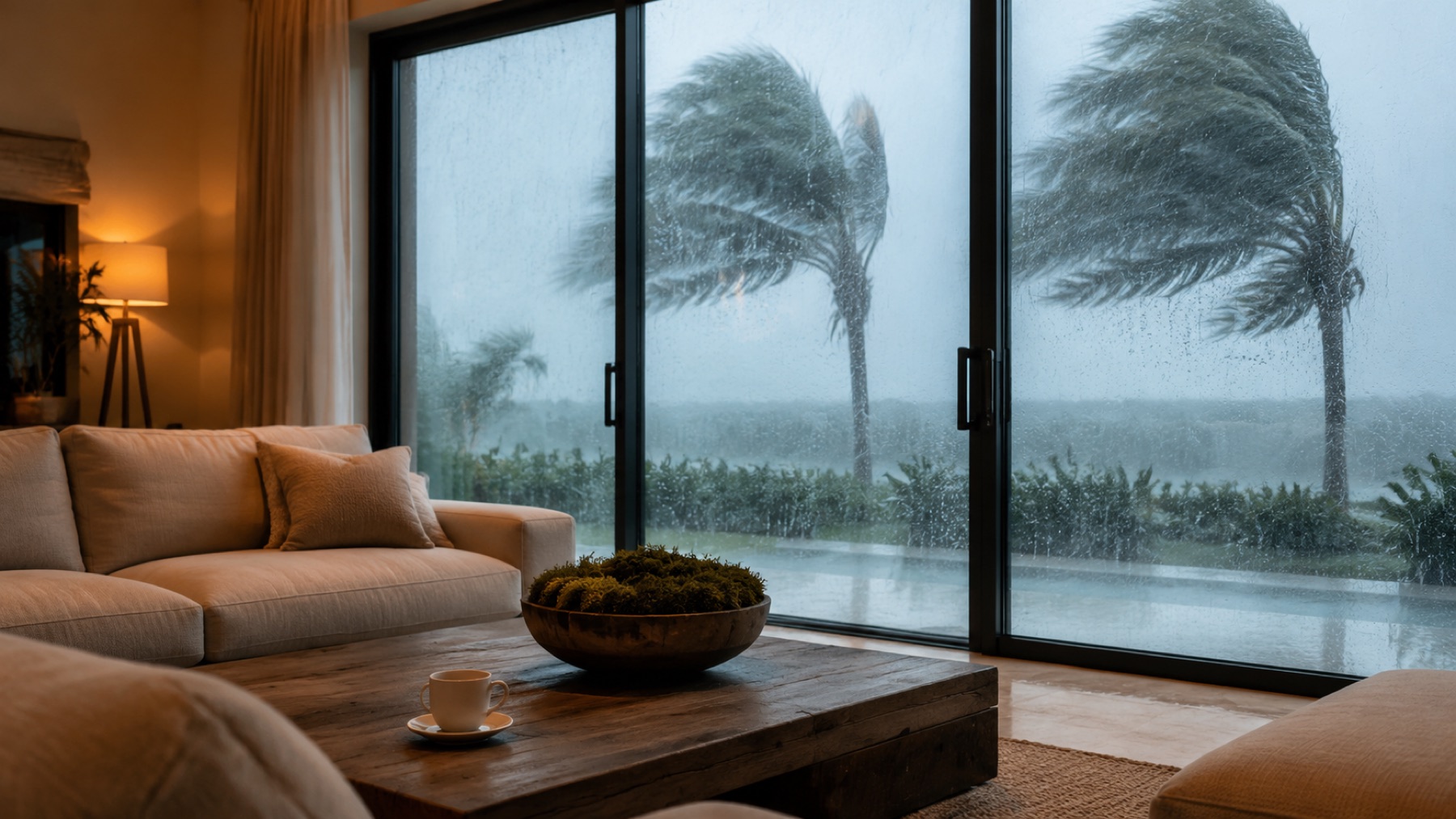 Calm living room while a tropical storm lashes the impact glass doors outside