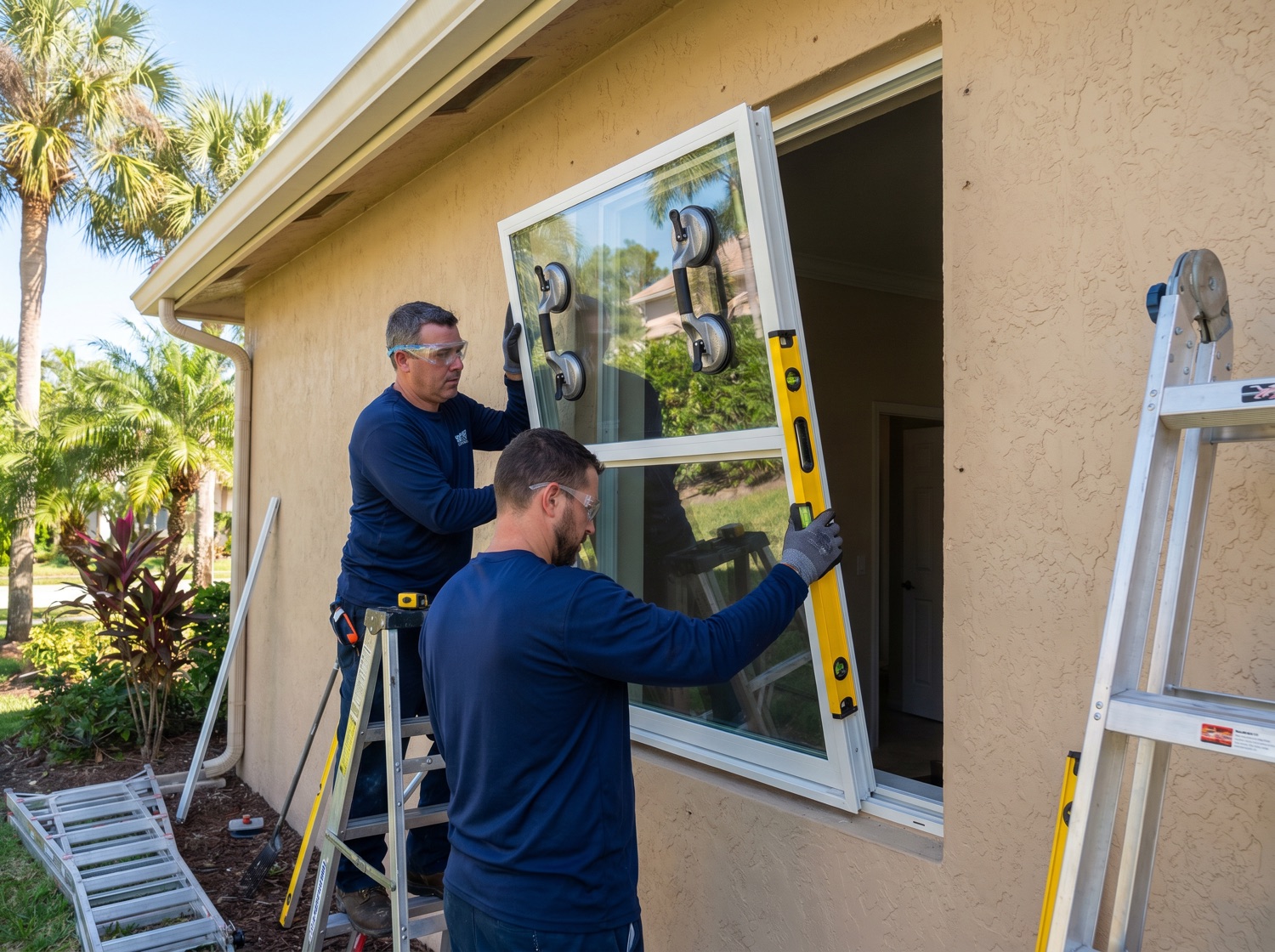 SYR Construction crew fitting a large impact window on a Naples home